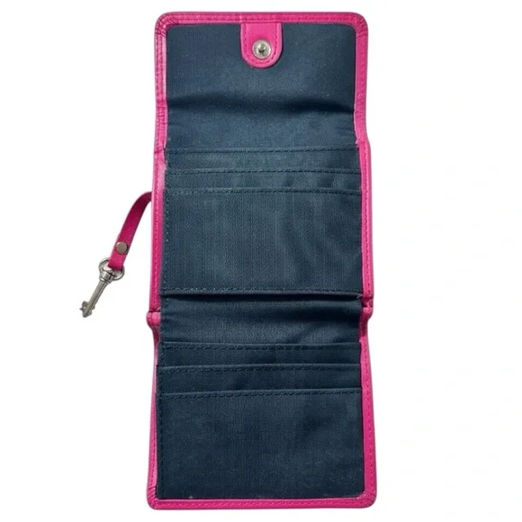 FOSSIL Genuine Leather Mini Bifold Silver Snap Wallet in Fuchsia - Vintage; EUC - Picture 3 of 8